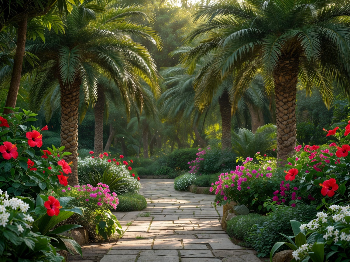 Green garden walkway with palms and flowering plants