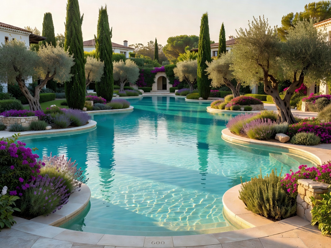 Large resort lagoon pool with Mediterranean plants