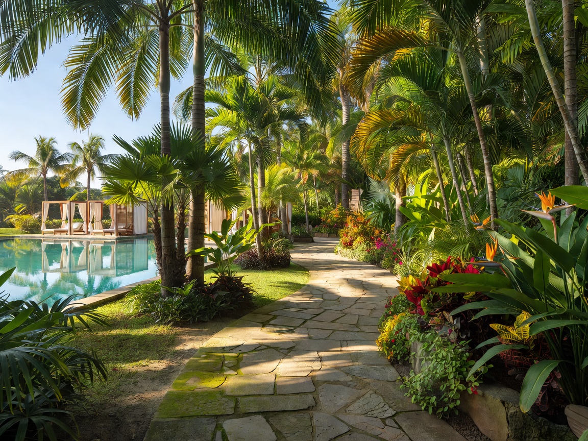 Lush resort garden path lined with palms