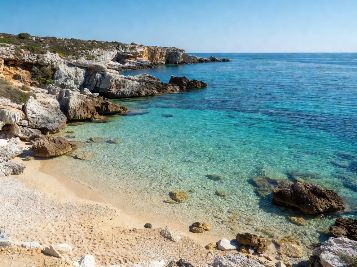 Mediterranean beach with clear water and rocky coastline