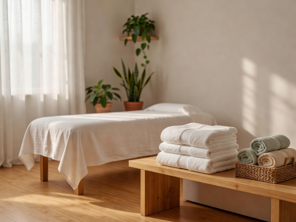 Peaceful wellness room with towels and soft natural light