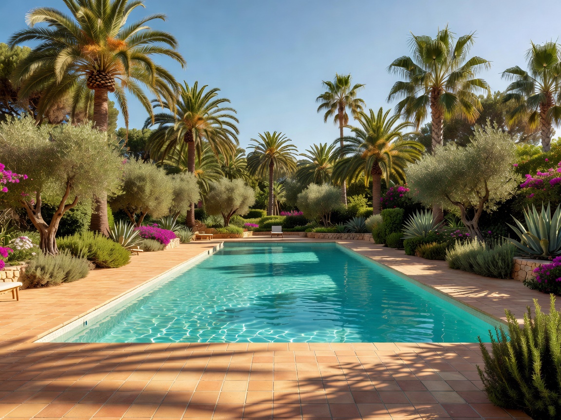 Sunny resort pool surrounded by palms and Mediterranean planting