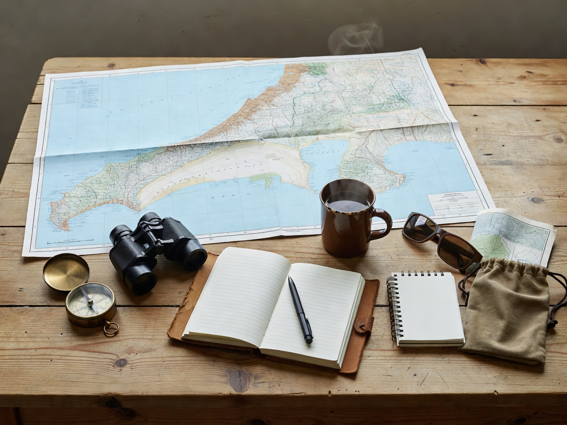 Travel planning items on a table beside a coastal map