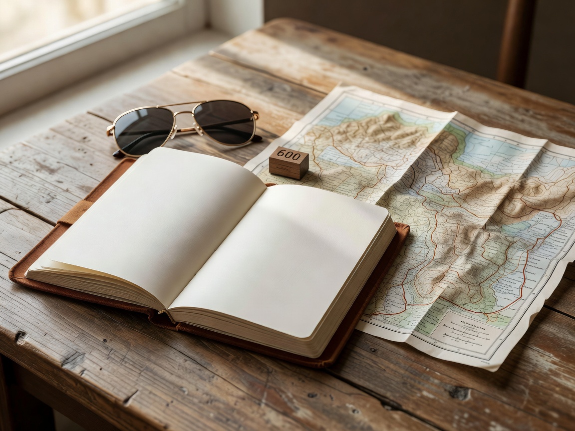Travel planning notebook beside sunglasses and map